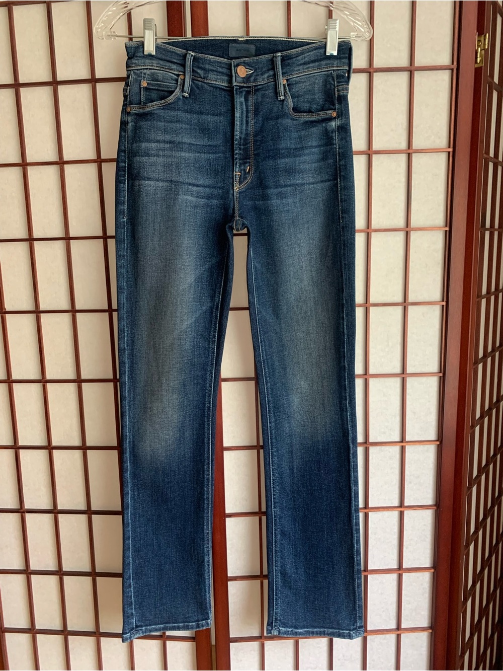 EUC MOTHER The MIDI-RISE DAZZLER Ankle Straight Dark Blue Wash Jeans Size 25